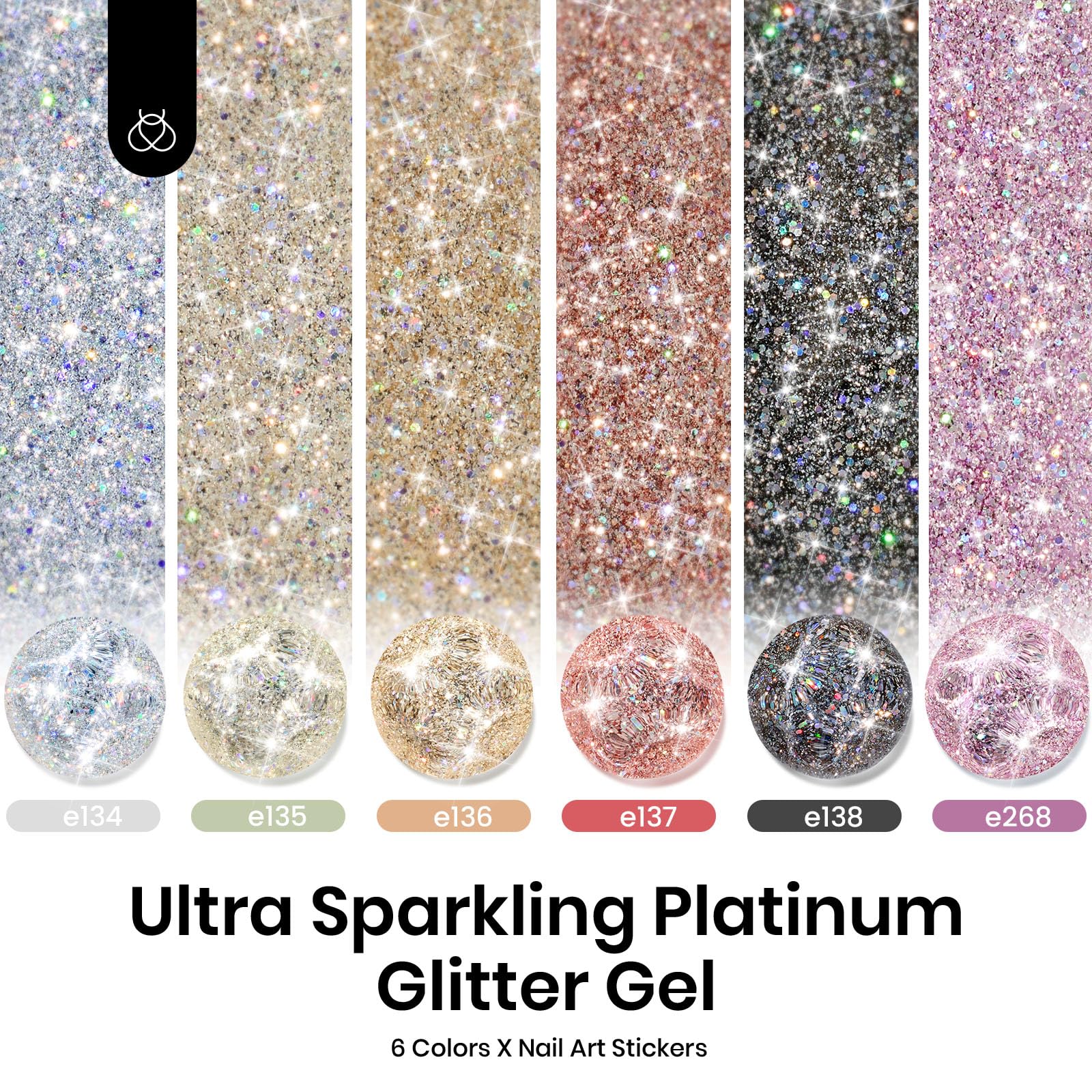 Beetles Gel Polish six bottles top view displaying varied diamond shine colors for creative mixing