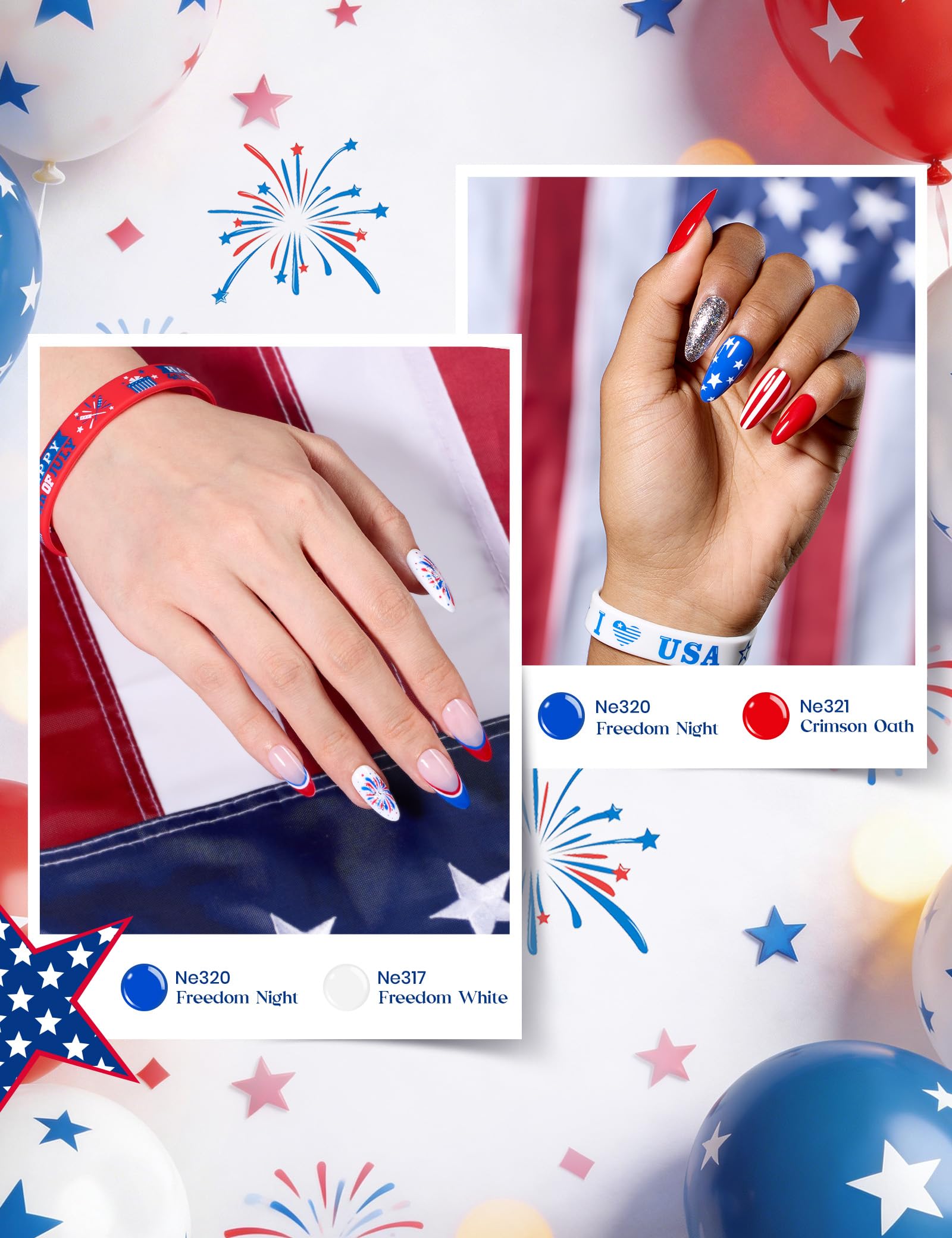 Beetles six color bottles lined up showing red white blue shades for patriotic designs