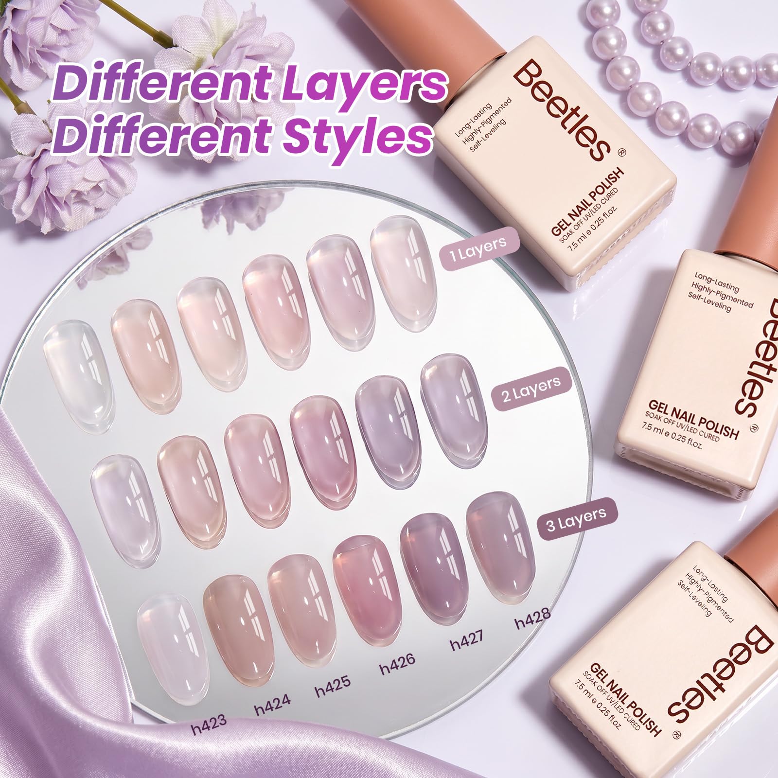 Beetles Gel Polish six-color swatches laid out to display translucent layering options benefit
