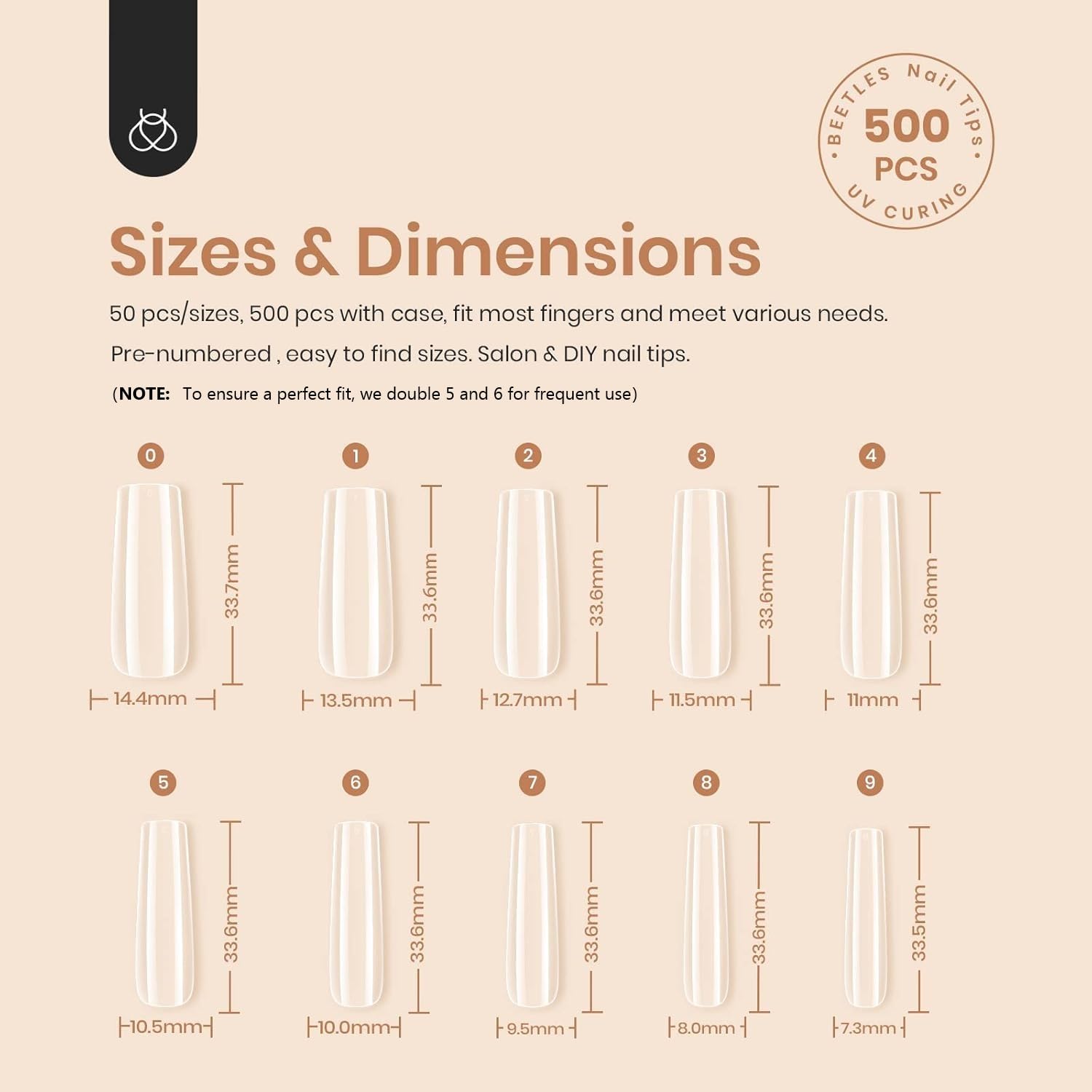 Beetles size chart and numbered tips for fast selection and precise fit