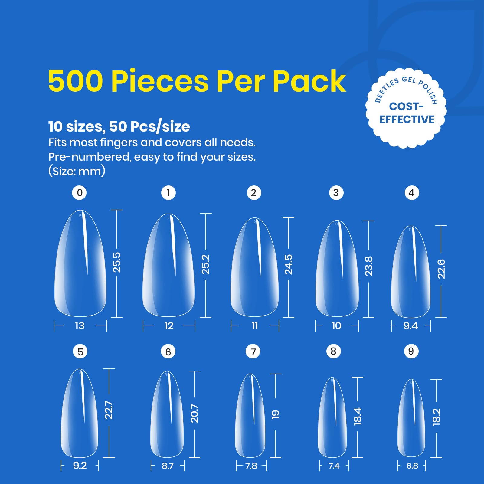 Beetles Gel Polish numbered tip layout displaying sizes 0–9 for accurate fitting and selection