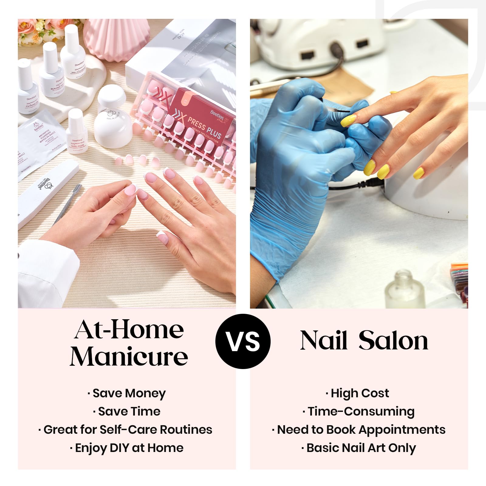 Beetles press-on nails next to natural nail for clear size comparison