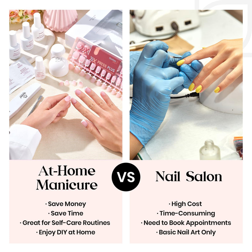 Beetles press-on nails next to natural nail for clear size comparison