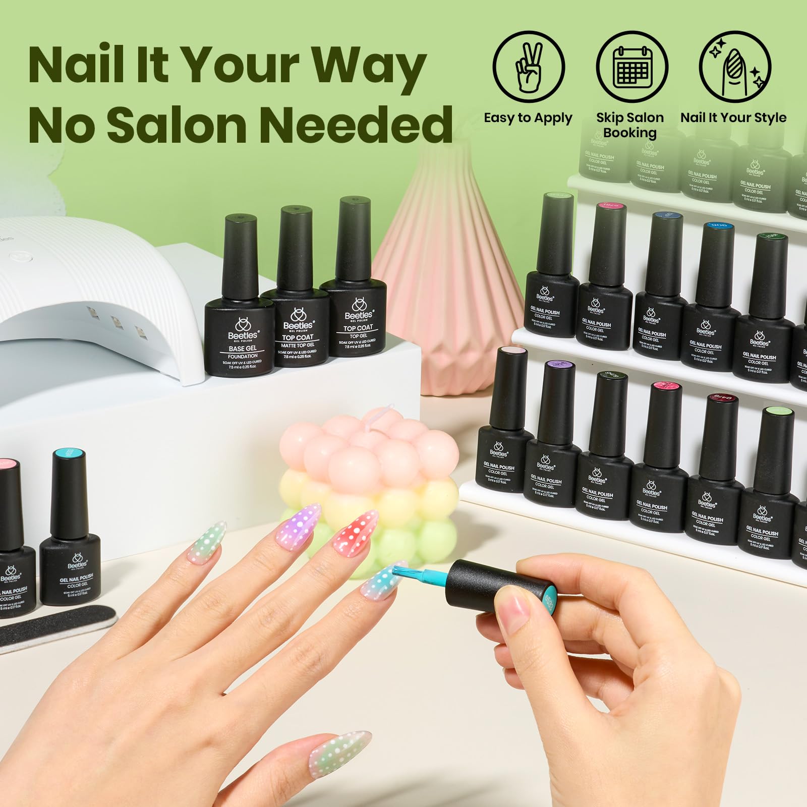 beetles Gel Polish size scale comparison showing bottles and lamp dimensions