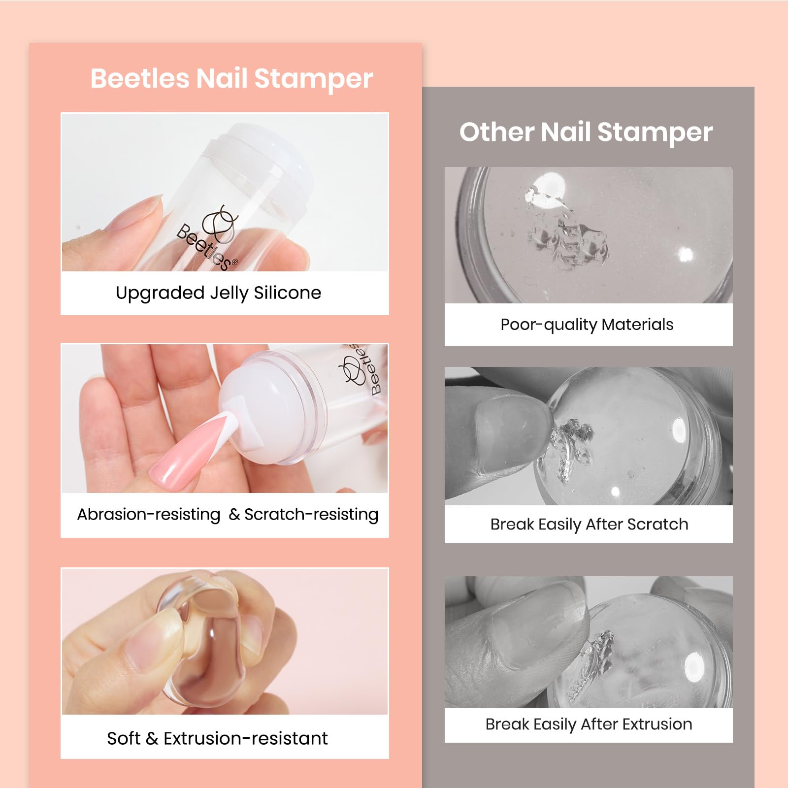 Beetles stampers beside a finger to demonstrate size and ergonomic grip