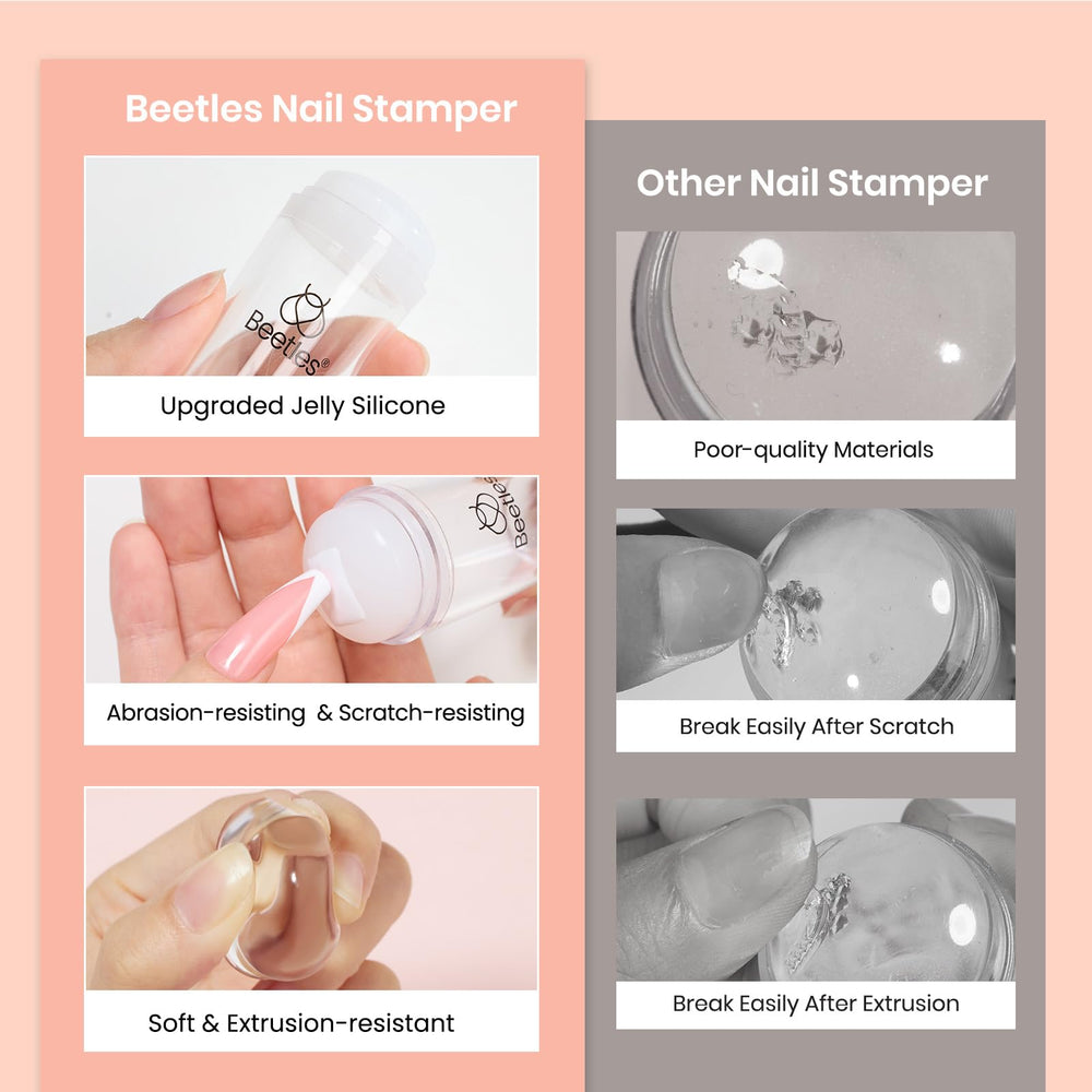 Beetles stampers beside a finger to demonstrate size and ergonomic grip
