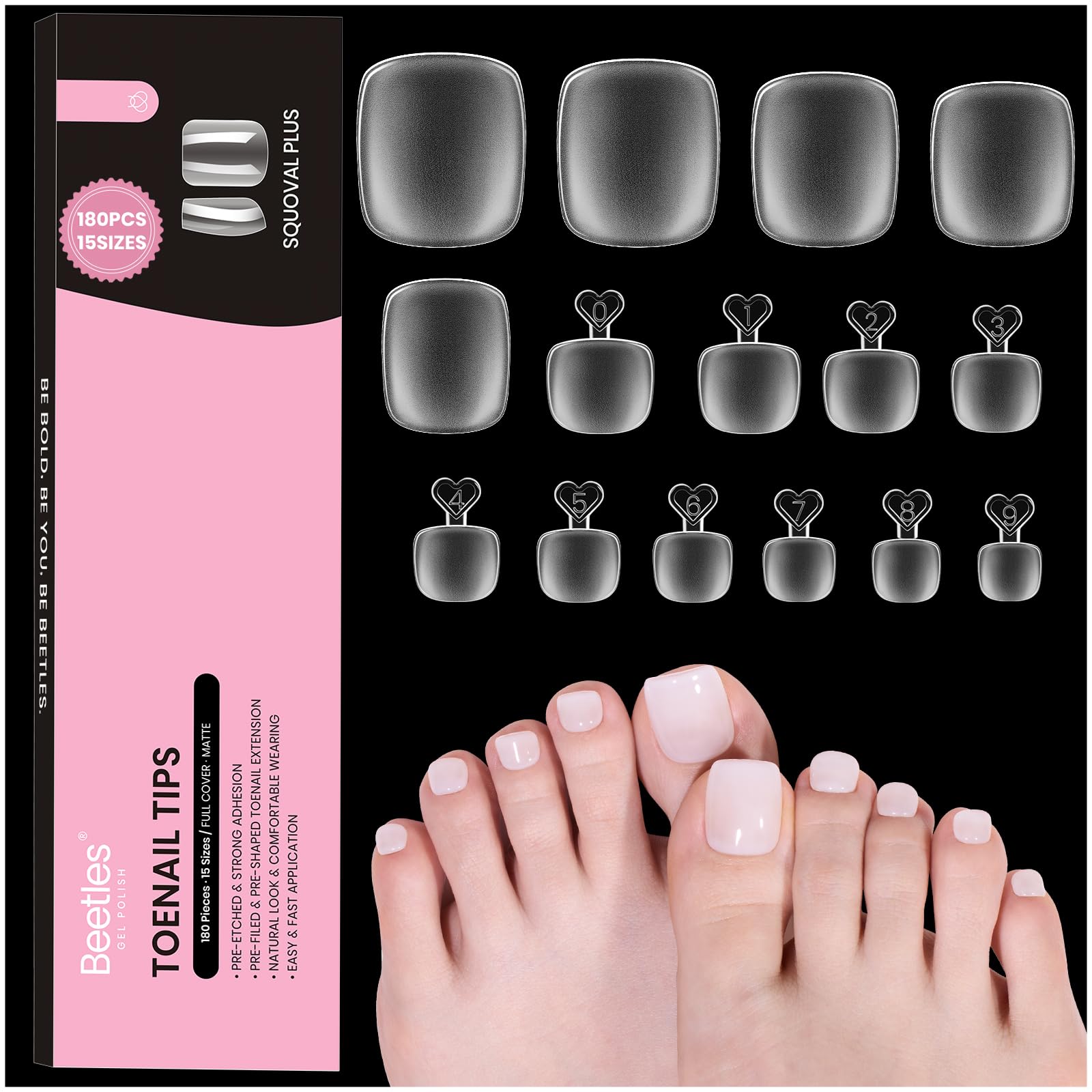 Beetles brand front packaging showing 180-piece square toe tips and kit benefit