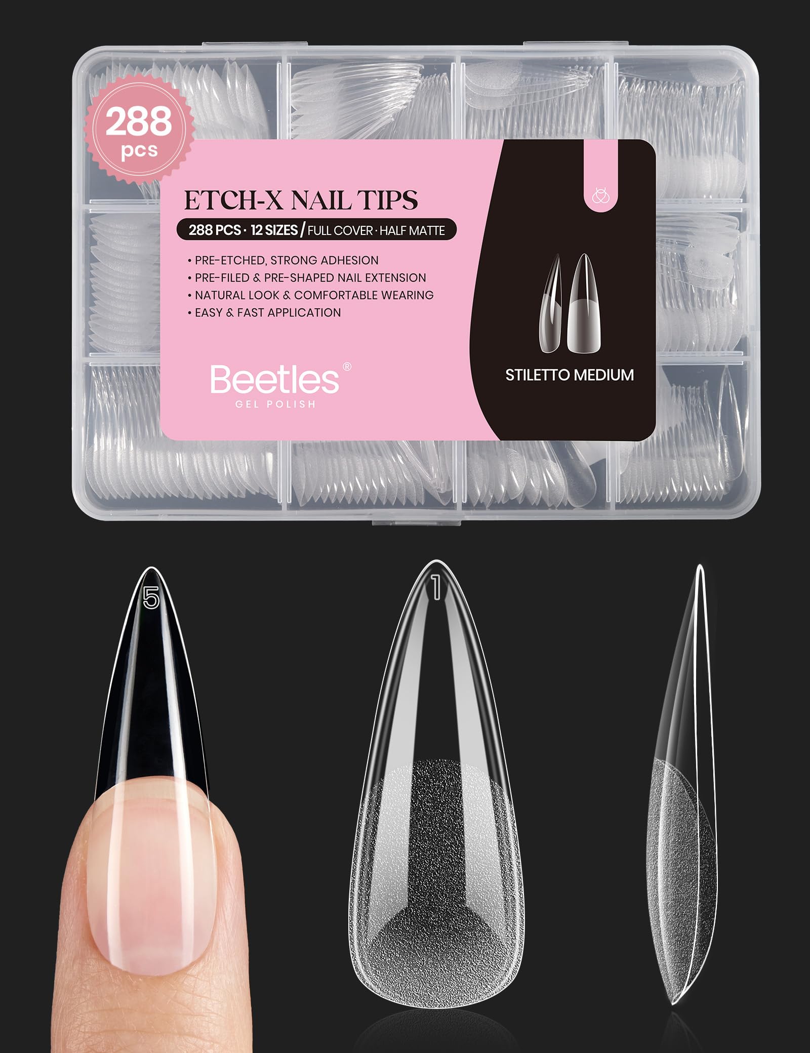 beetles front packaging showing 288-piece stiletto kit and quick application benefit