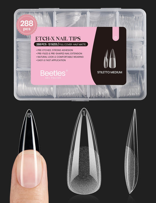 beetles front packaging showing 288-piece stiletto kit and quick application benefit