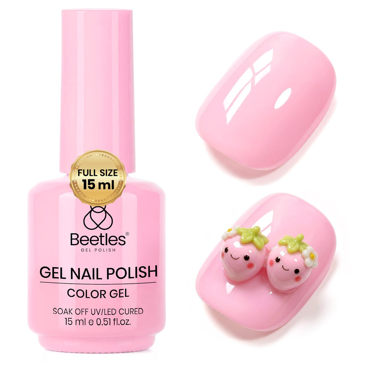Beetles bottle front view showing strawberry cream pink, easy shade identification