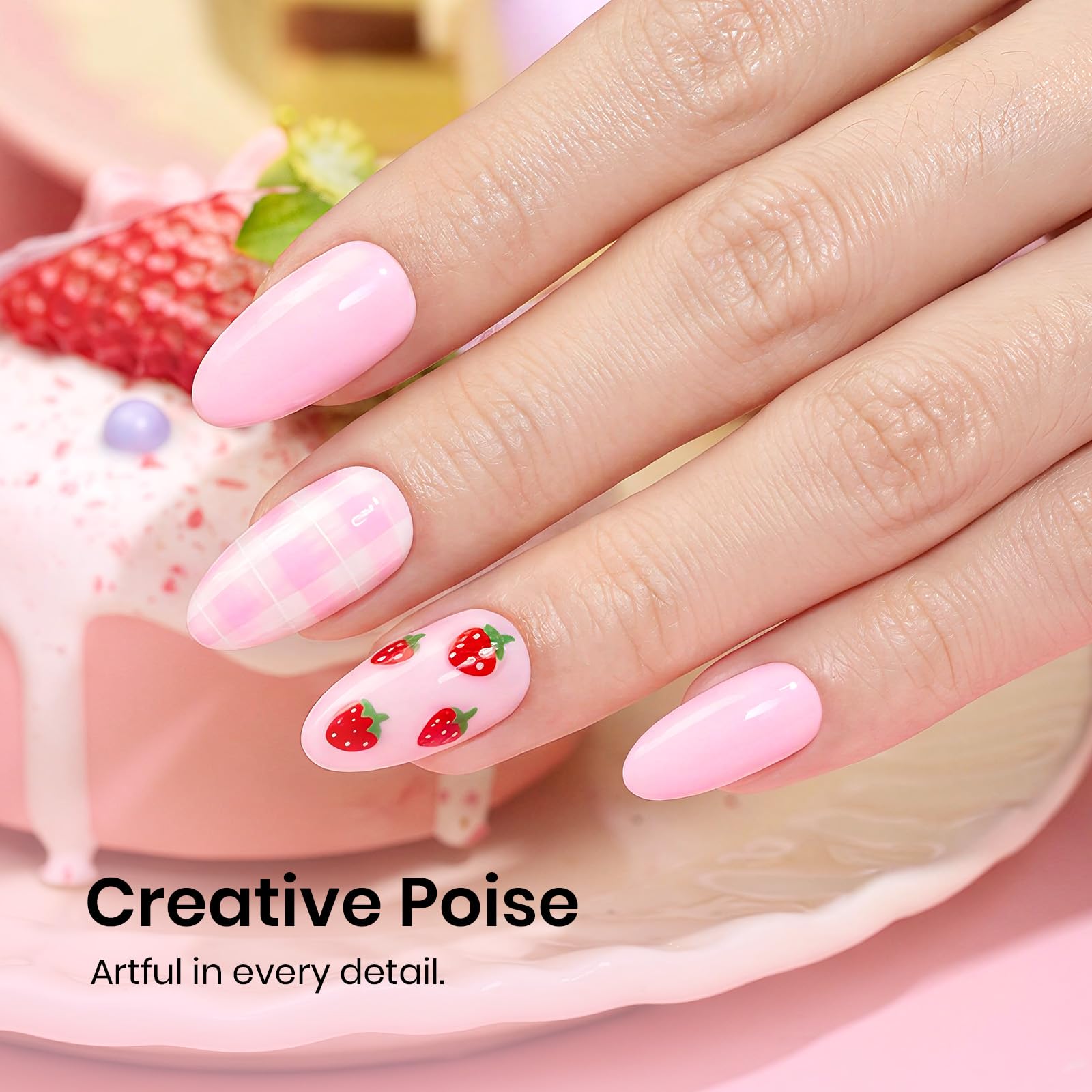 Beetles on hand nails wearing strawberry cream demonstrating wearable everyday pink