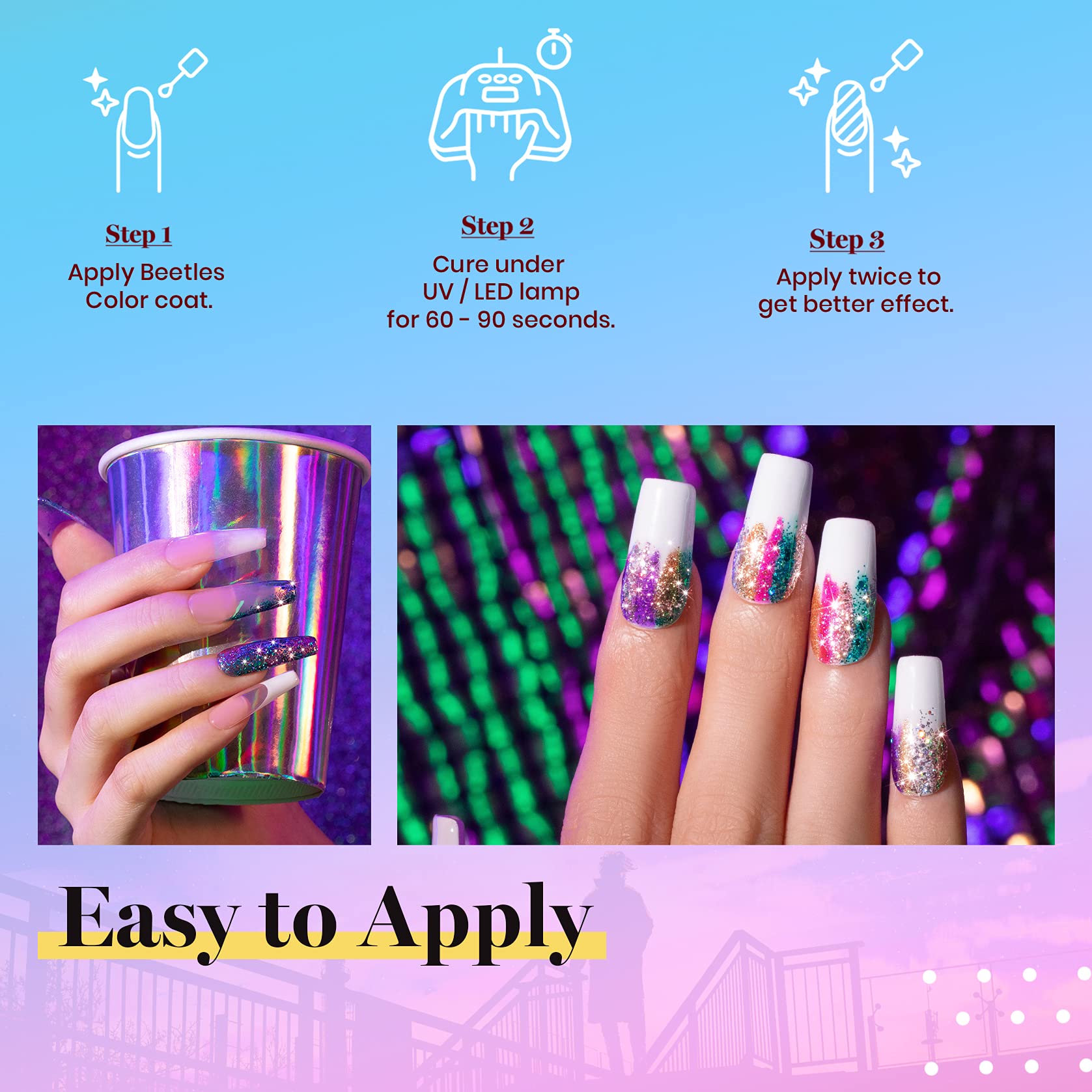 Beetles swatch on nail tips displaying distinct sparkle variations for design planning