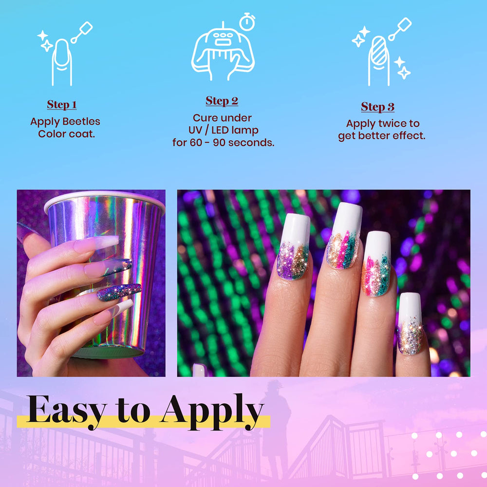 Beetles swatch on nail tips displaying distinct sparkle variations for design planning