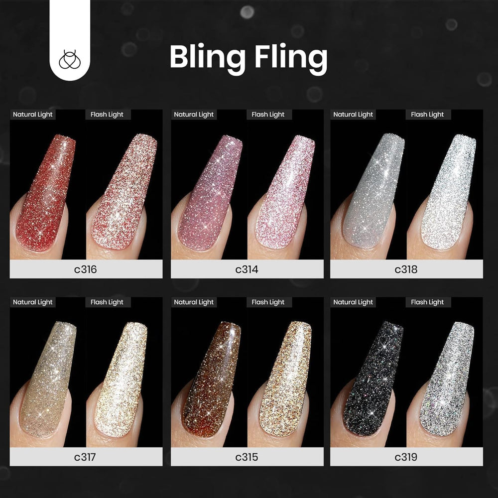 beetles swatch panel displaying six glitter shades c314–c319 for selection