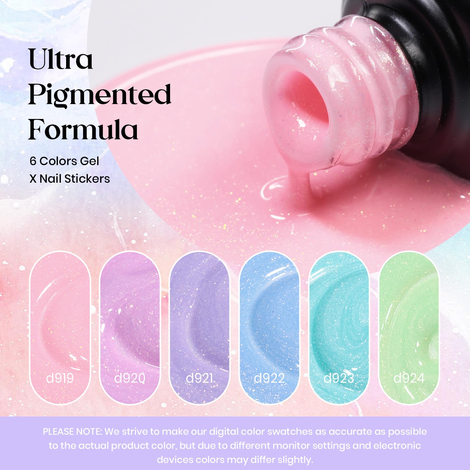 beetles nail wheel swatches displaying all six pastel and glitter shades for inspiration