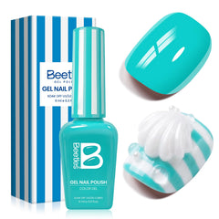 Beetles bottle front view showing neon teal shade and compact size for easy storage