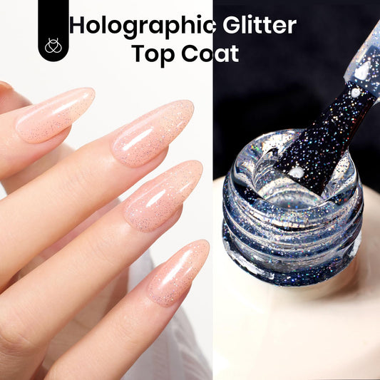 Close-up glitter texture of Beetles gel showing holographic sparkles and light play