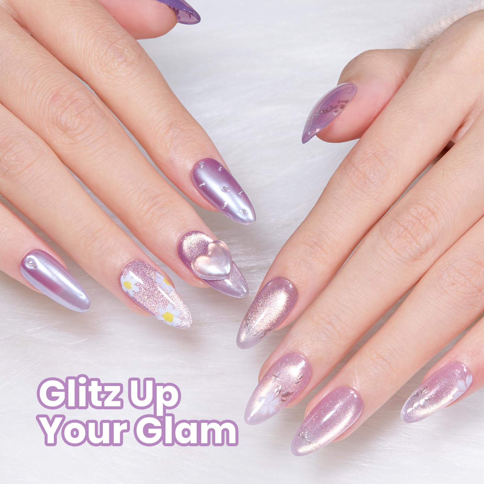 Beetles gel texture close-up highlighting glitter particles and luminous depth