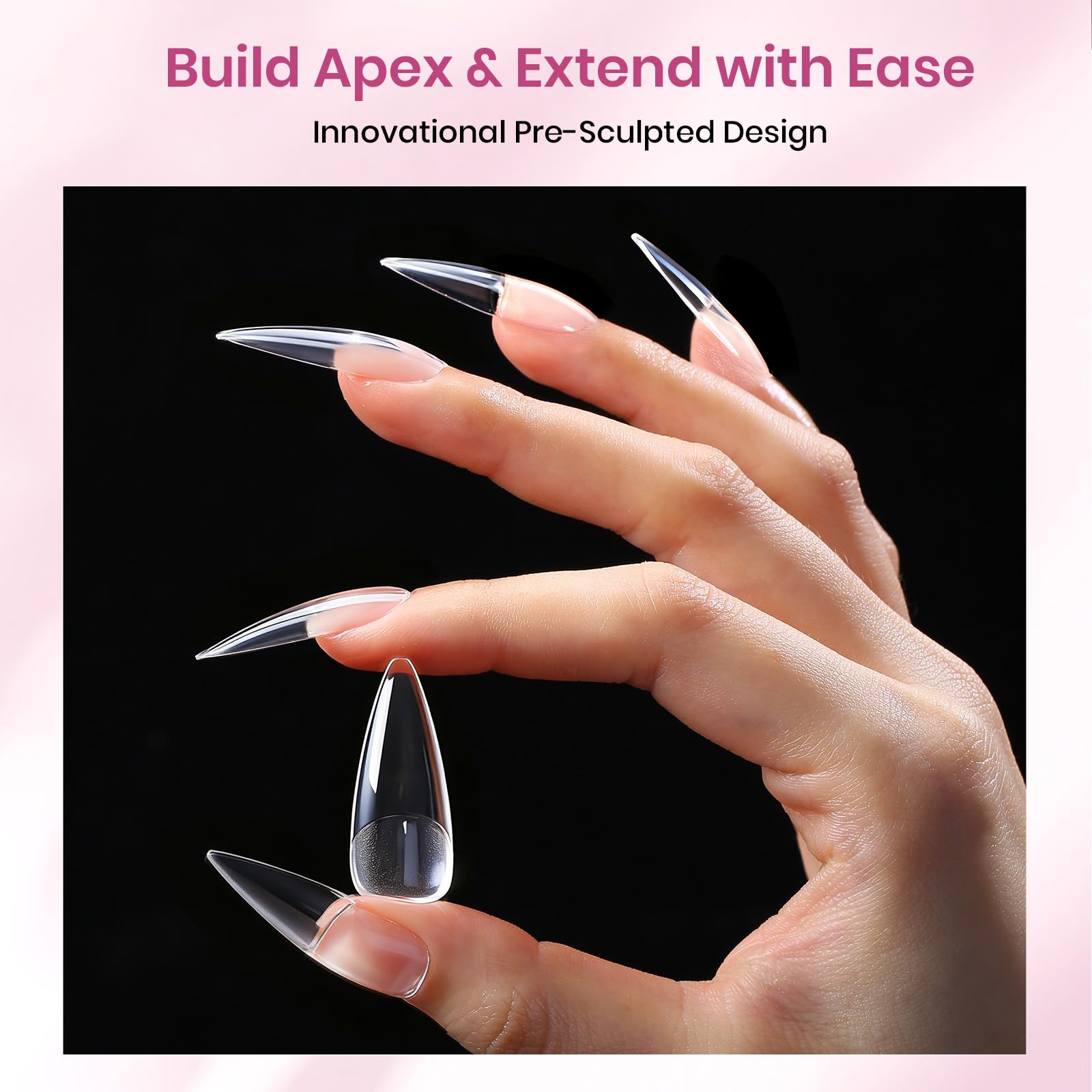 beetles tipex lite long stiletto on hand demonstrating dramatic length and polish-ready surface