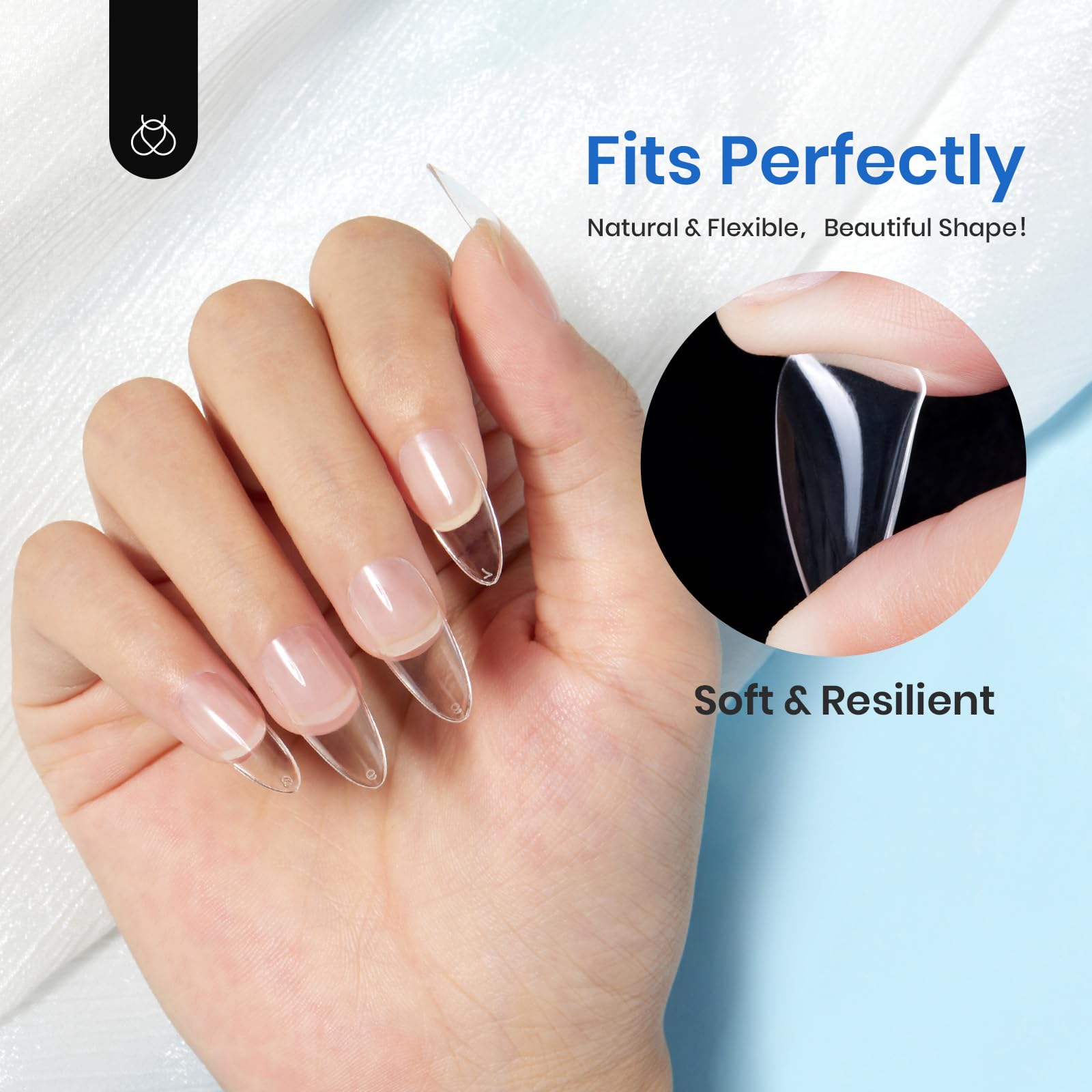 Beetles Gel Polish tips next to a hand to show almond medium size and realistic scale