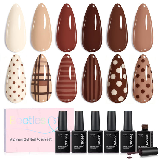 Beetles Gel Polish front packaging showing six warm brown bottles and kit benefits