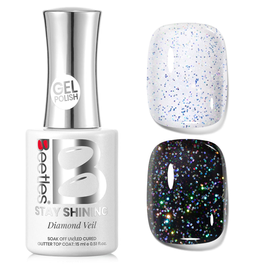 beetles brand front bottle showing glossy silver glitter finish benefit long-lasting shine