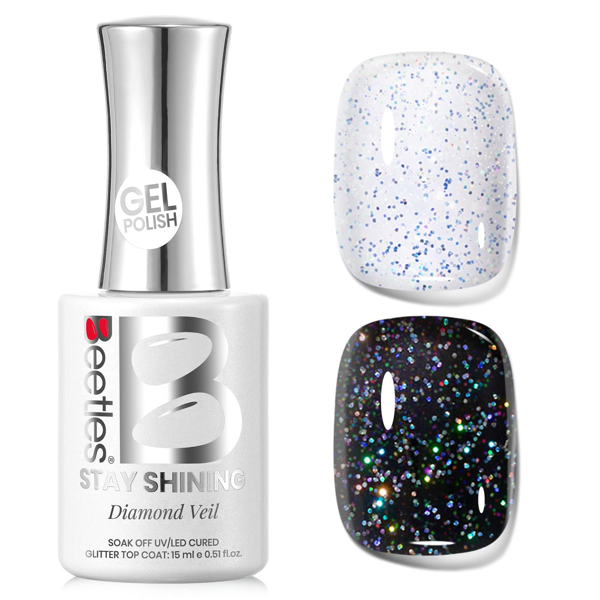 beetles brand front bottle showing glossy silver glitter finish benefit long-lasting shine