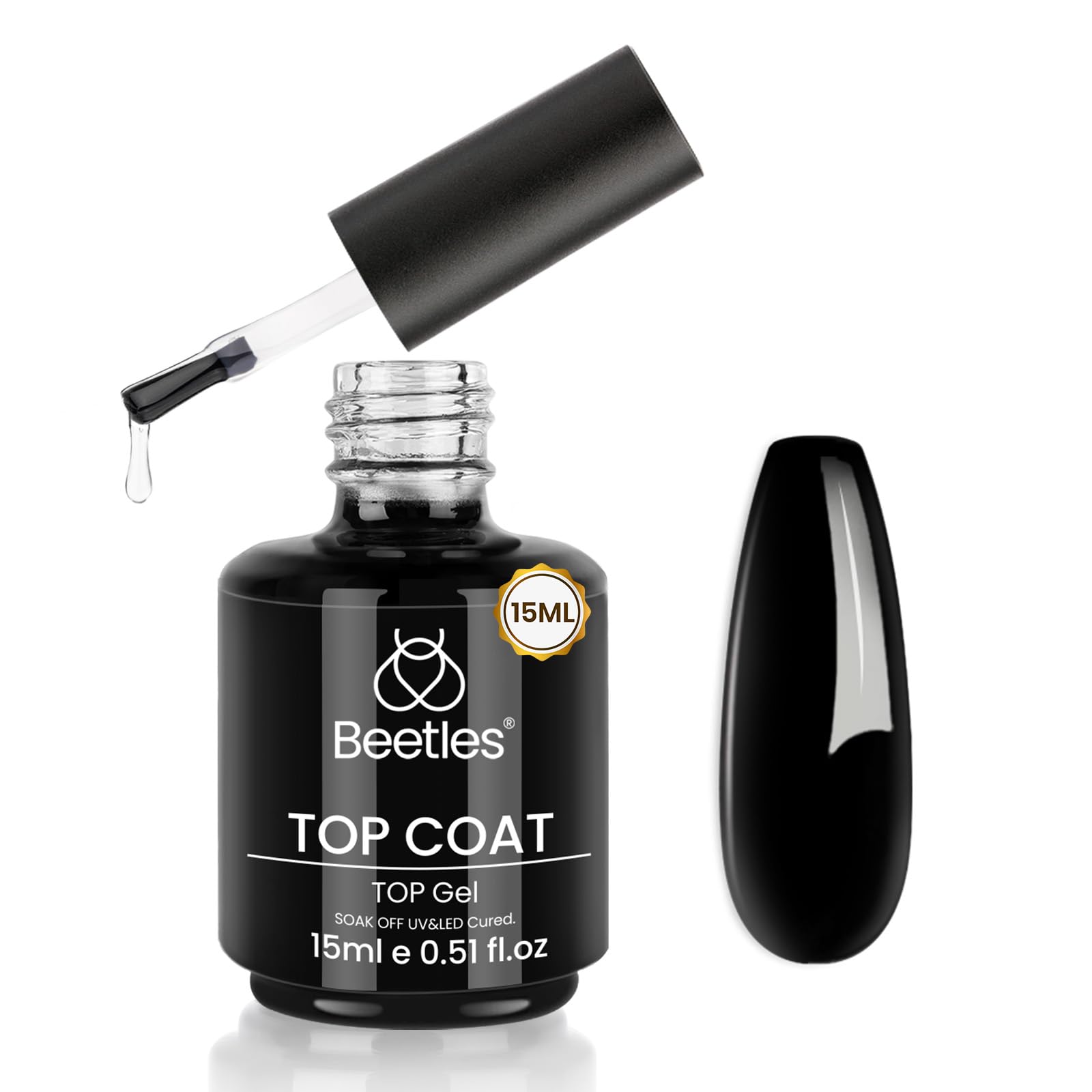 beetles top coat bottle front view showing compact 15ml size and glossy appeal