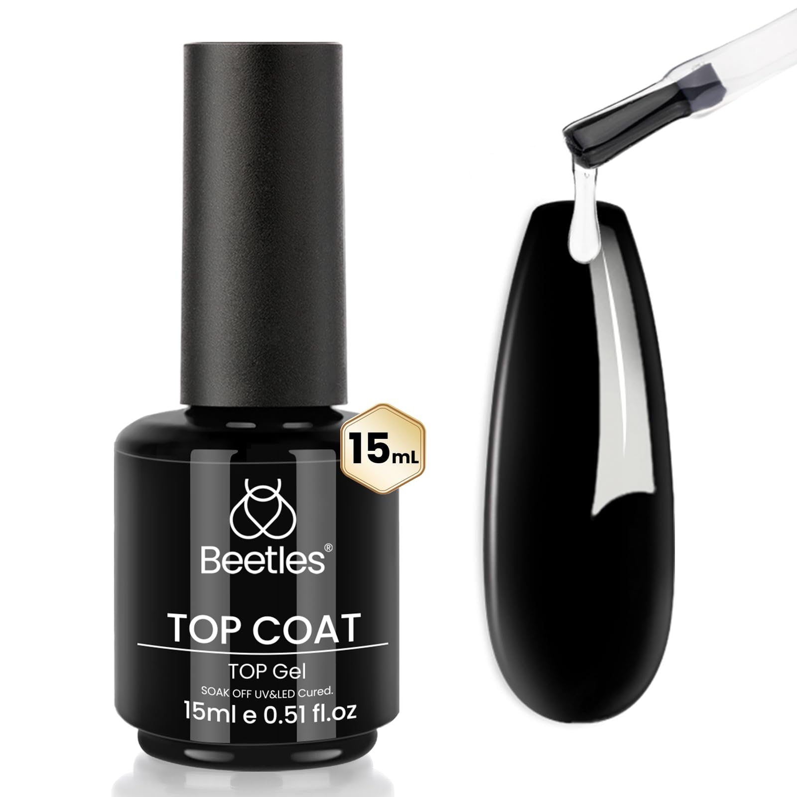 Beetles Gel Top Coat front bottle showing brand and glossy finish benefit