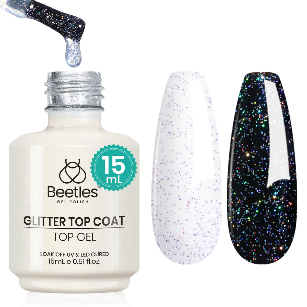Beetles bottle front view showing reflective silver label and glossy cap benefit shine