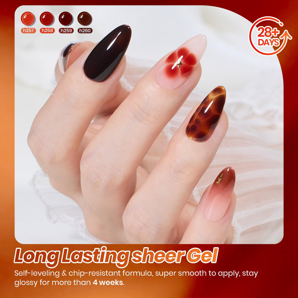 beetles tortoiseshell nail art on hand demonstrating layered amber and brown depth