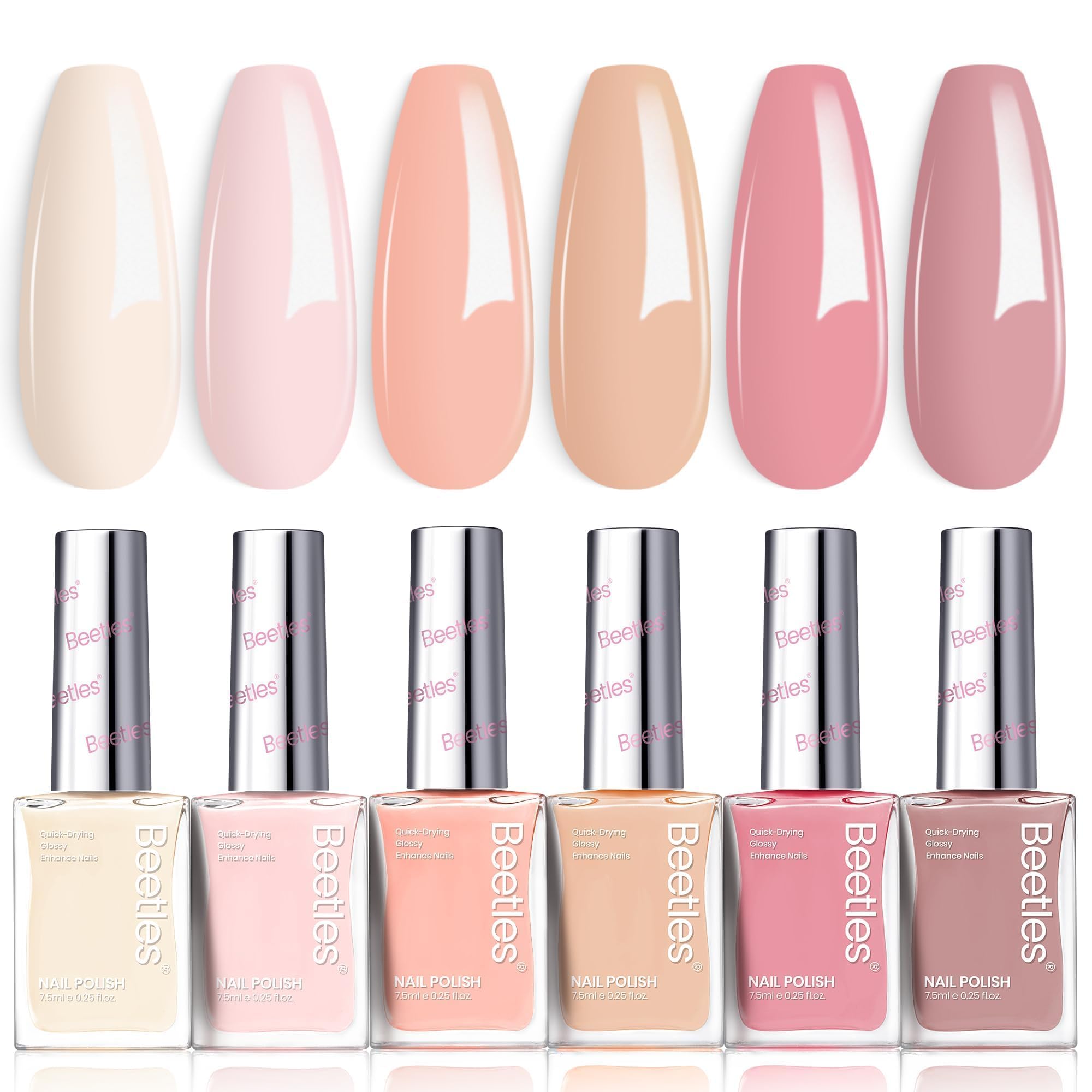 Beetles Gel Polish set front view showing six Vanilla Cloud bottles and benefits