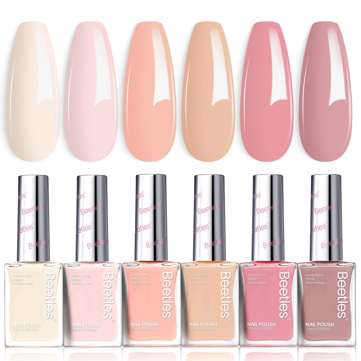 Beetles Gel Polish set front view showing six Vanilla Cloud bottles and benefits