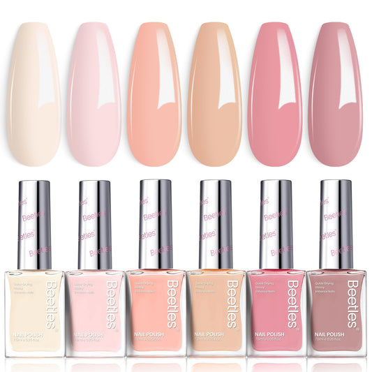 Beetles Gel Polish set front view showing six Vanilla Cloud bottles and benefits