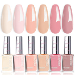 Beetles Gel Polish set front view showing six Vanilla Cloud bottles and benefits