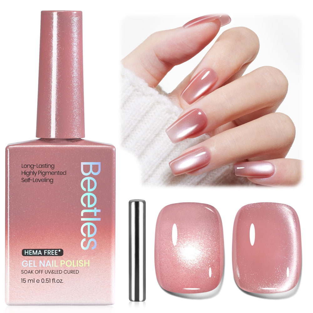 beetles bottle front view showing pink cat eye polish and label benefit long-lasting finish