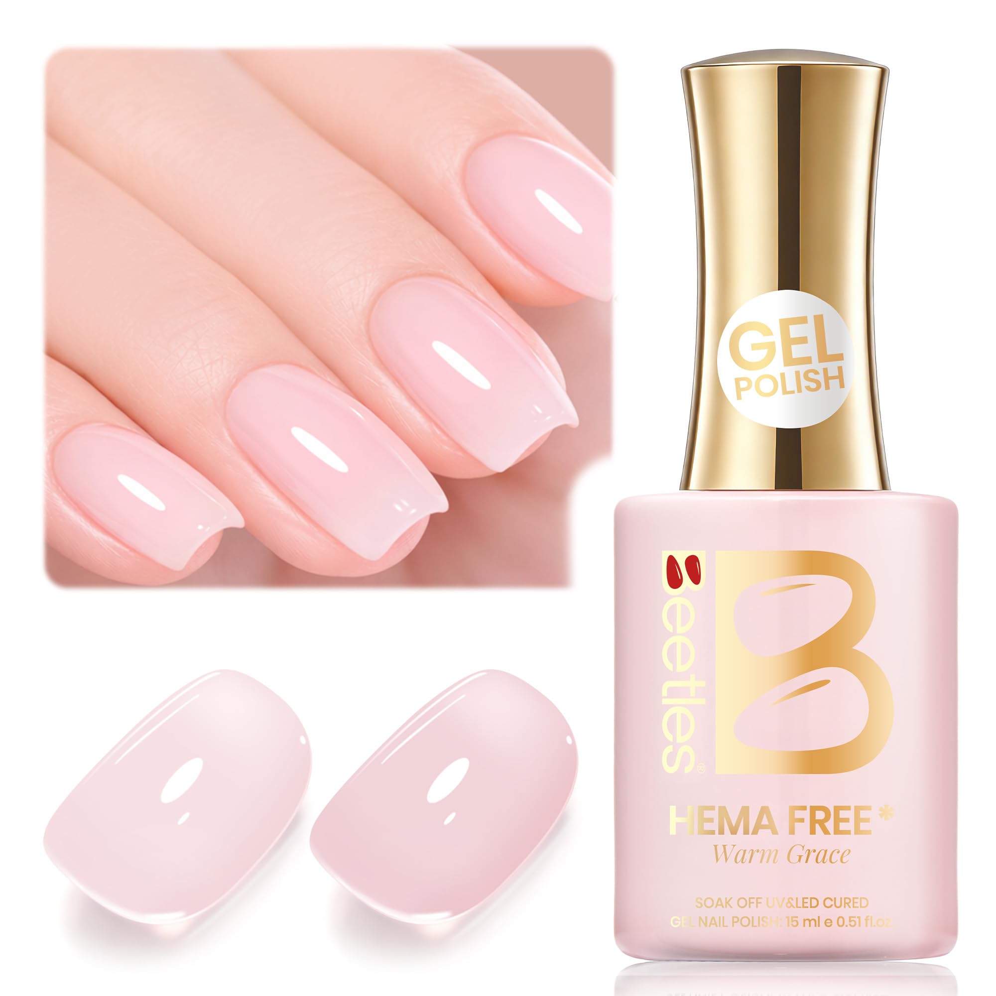 Beetles Gel Polish front bottle showing label and warm nude pink color benefit polish clarity