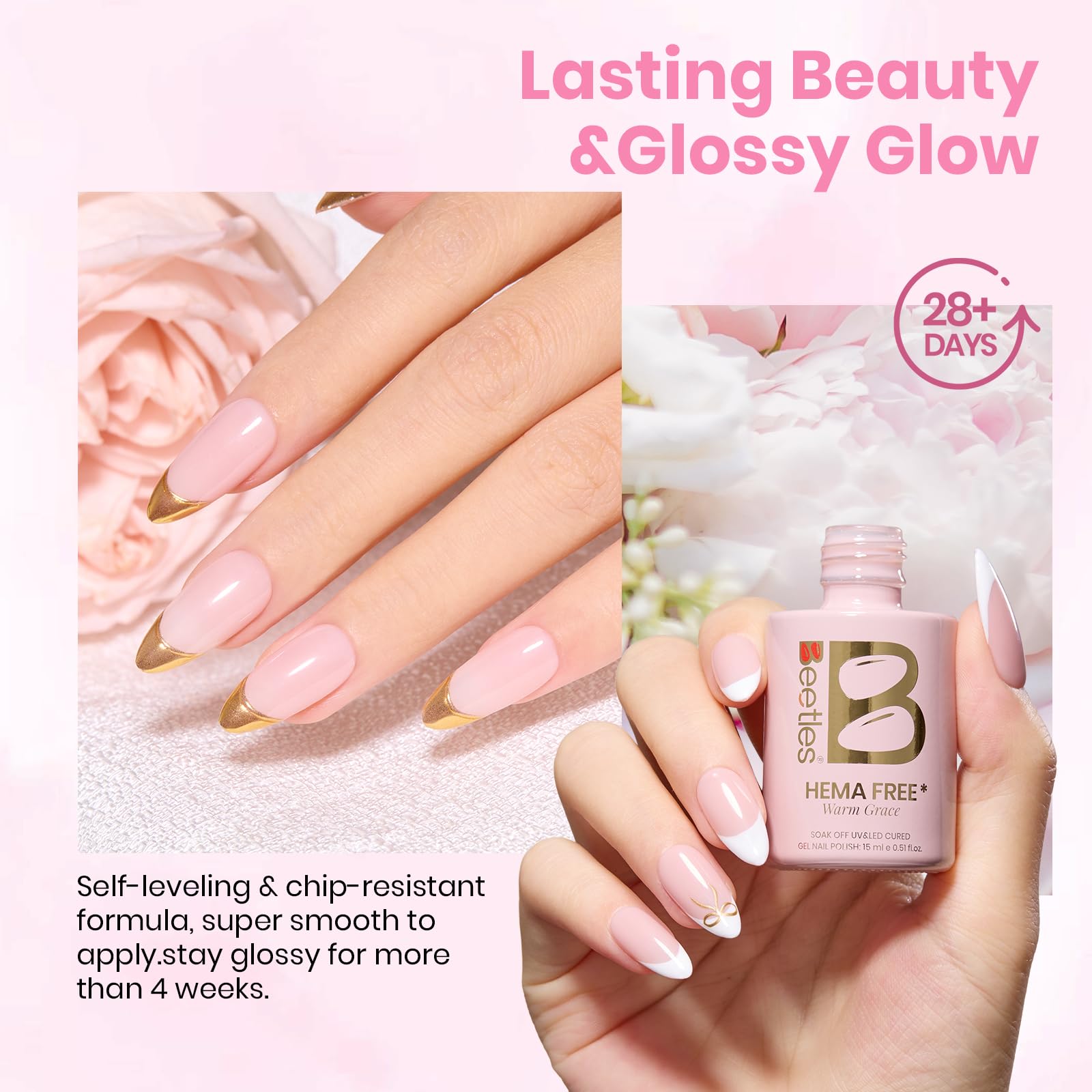 Beetles Gel Polish on hand model showing wearable nude pink and natural-looking finish benefit