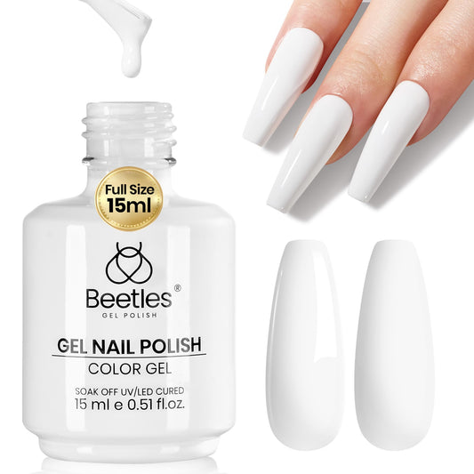 beetles Gel Polish front bottle showing pure white shade and clear label benefit: easy selection