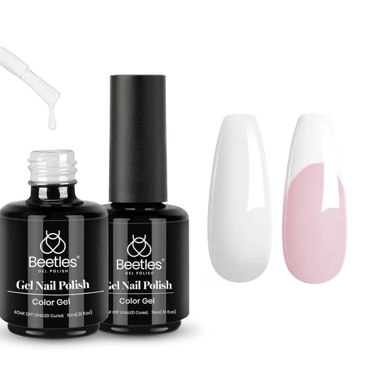 Beetles white gel front packaging showing two 15ml bottles and bright white color benefit