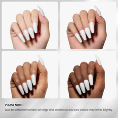 Beetles white gel on nails in French manicure demonstrating clean tips and long-lasting shine