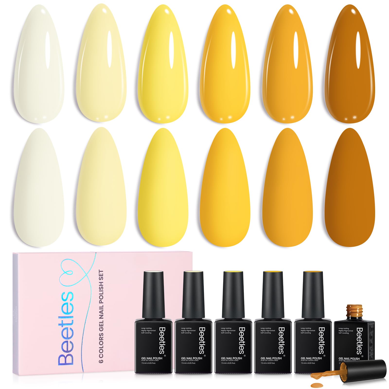 Beetles yellow collection front packaging showing six shades and vibrant finish