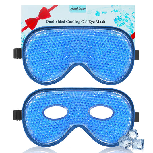 BeeVines navy XL front packaging showing two gel eye masks and benefits