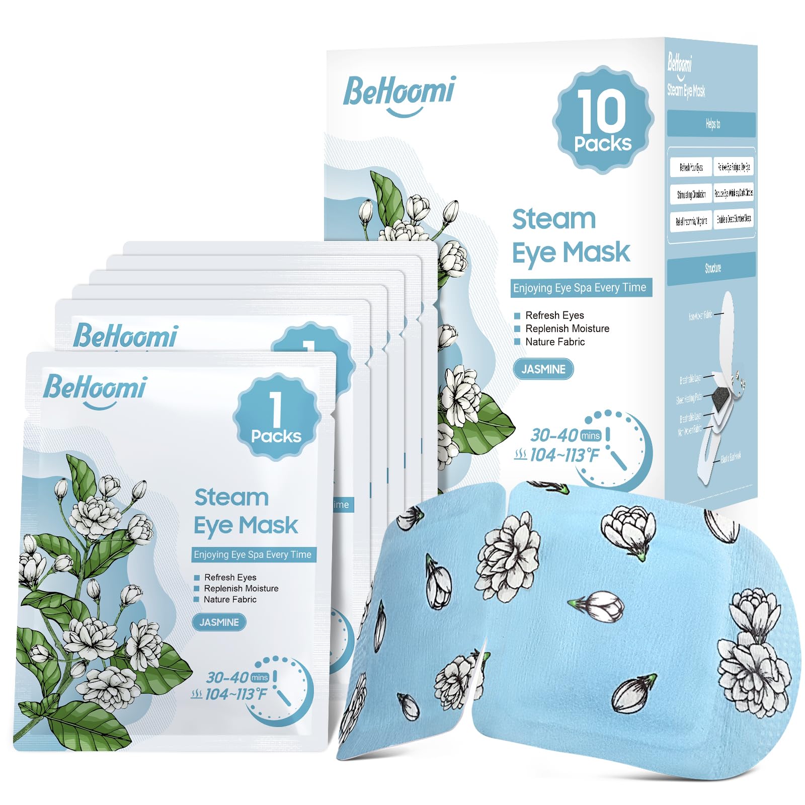 BeHoomi front packaging 10-pack showing jasmine scent and benefits