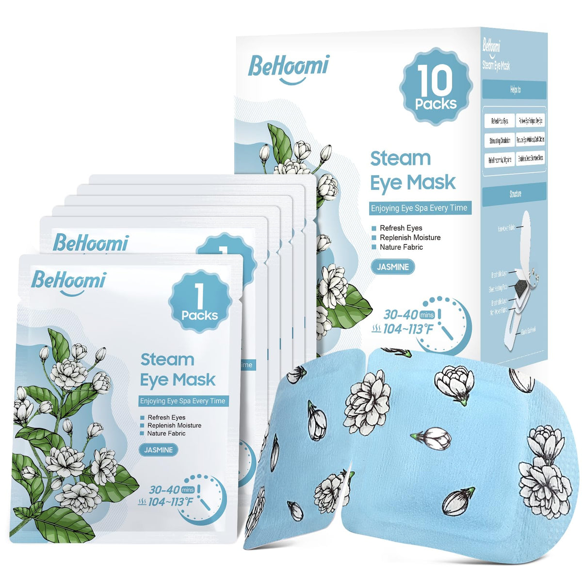 BeHoomi front packaging 10-pack showing jasmine scent and benefits