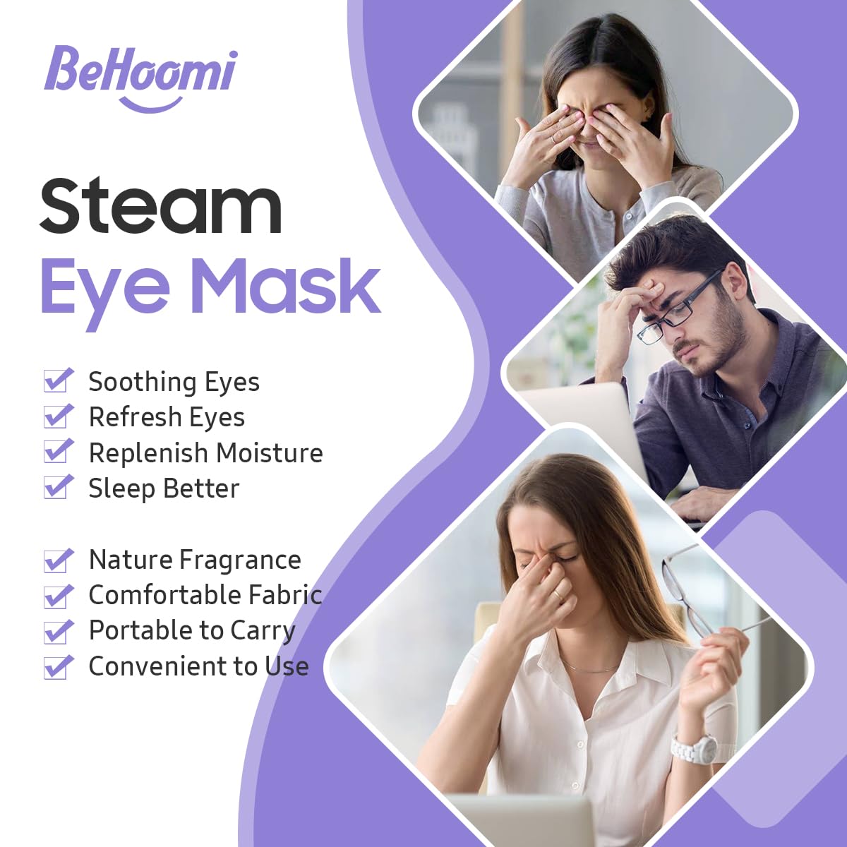 BeHoomi mask in use on a resting woman showing calming warmth