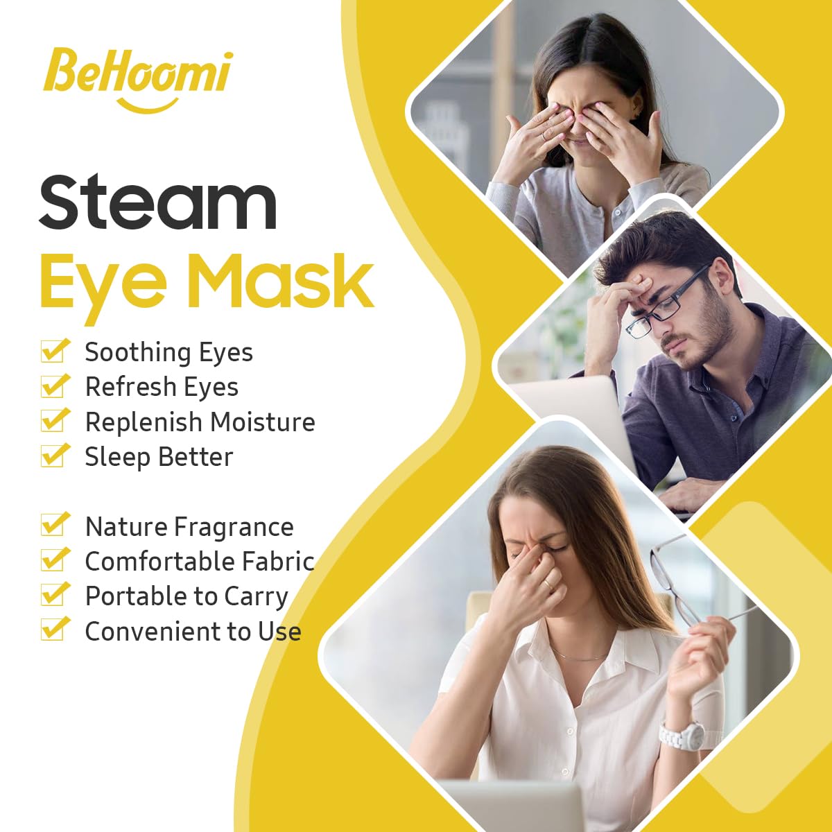 BeHoomi mask worn by user relaxing, delivering portable moist warmth