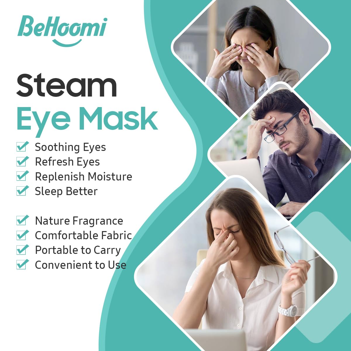 BeHoomi mask on model relaxing demonstrates soothing warmth