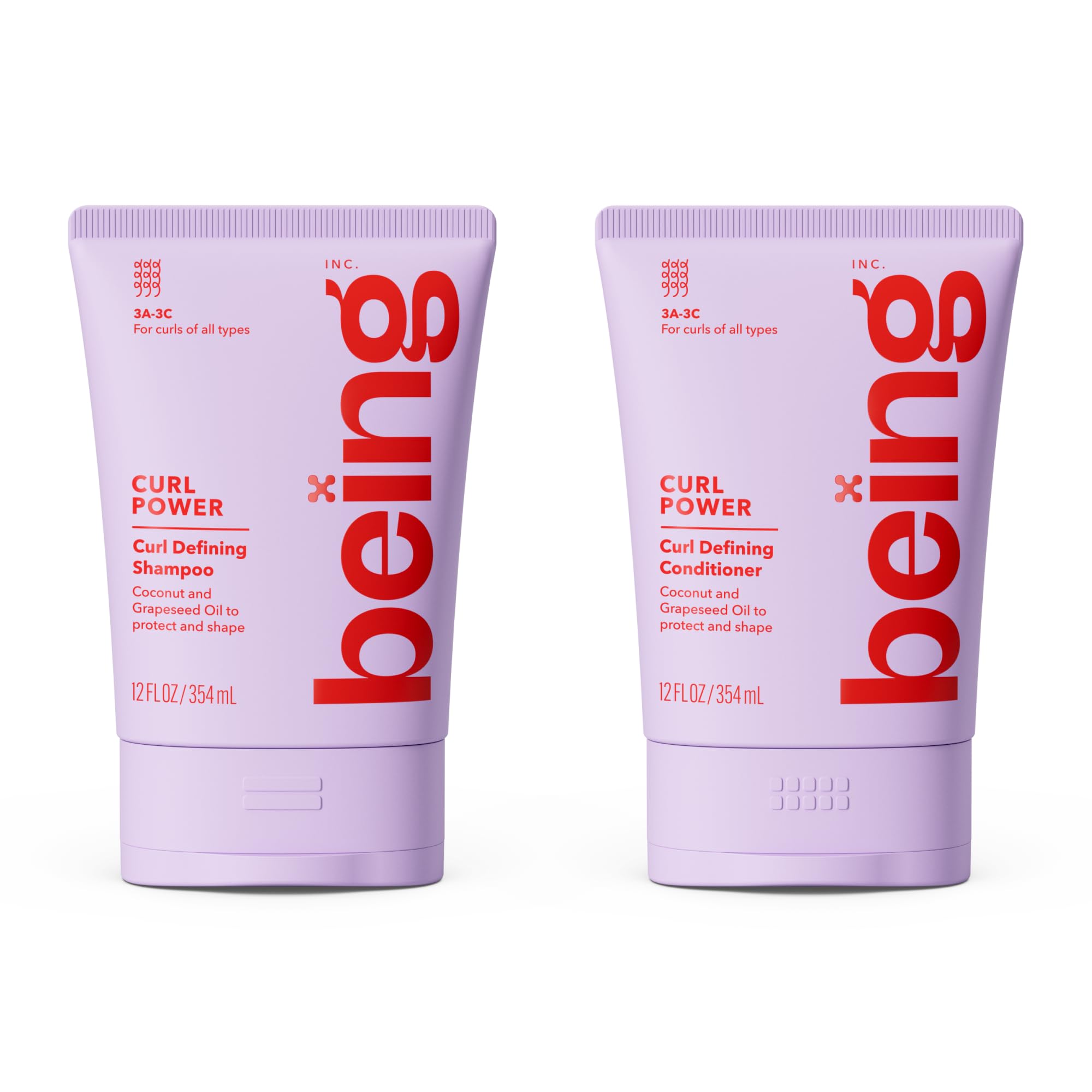 BEING INC front view of shampoo and conditioner set showing packaging and benefits