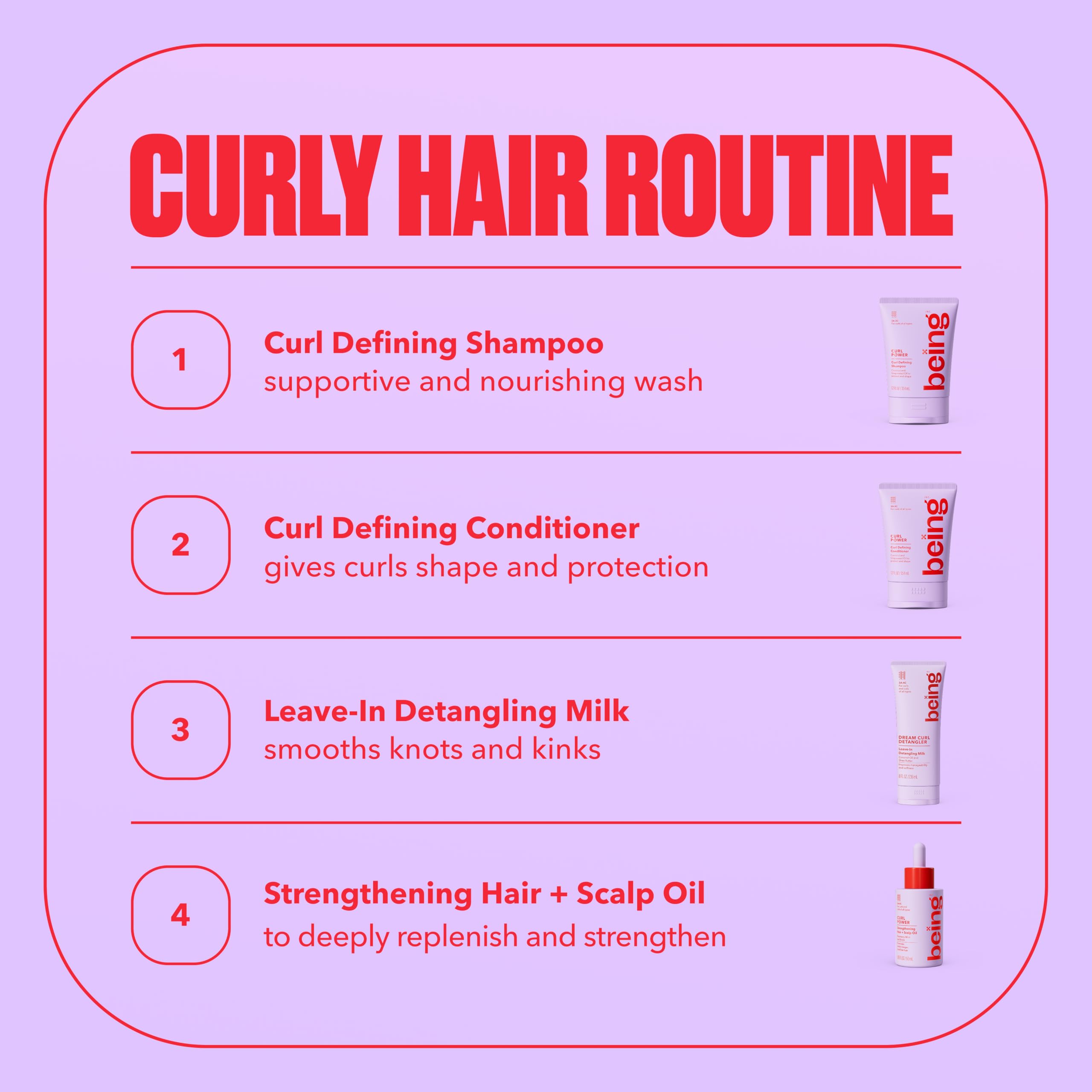 BEING INC being DREAM CURL bottle on a bathroom shelf in a styled setting suggesting daily use